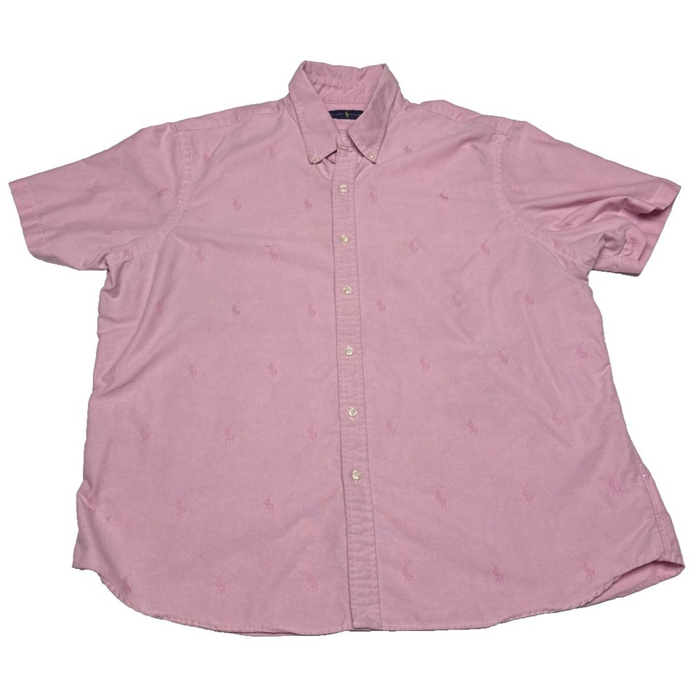 Ralph Lauren Short Sleeve Button Up Mens XXL Pink All Over‎ Embroidered Pony